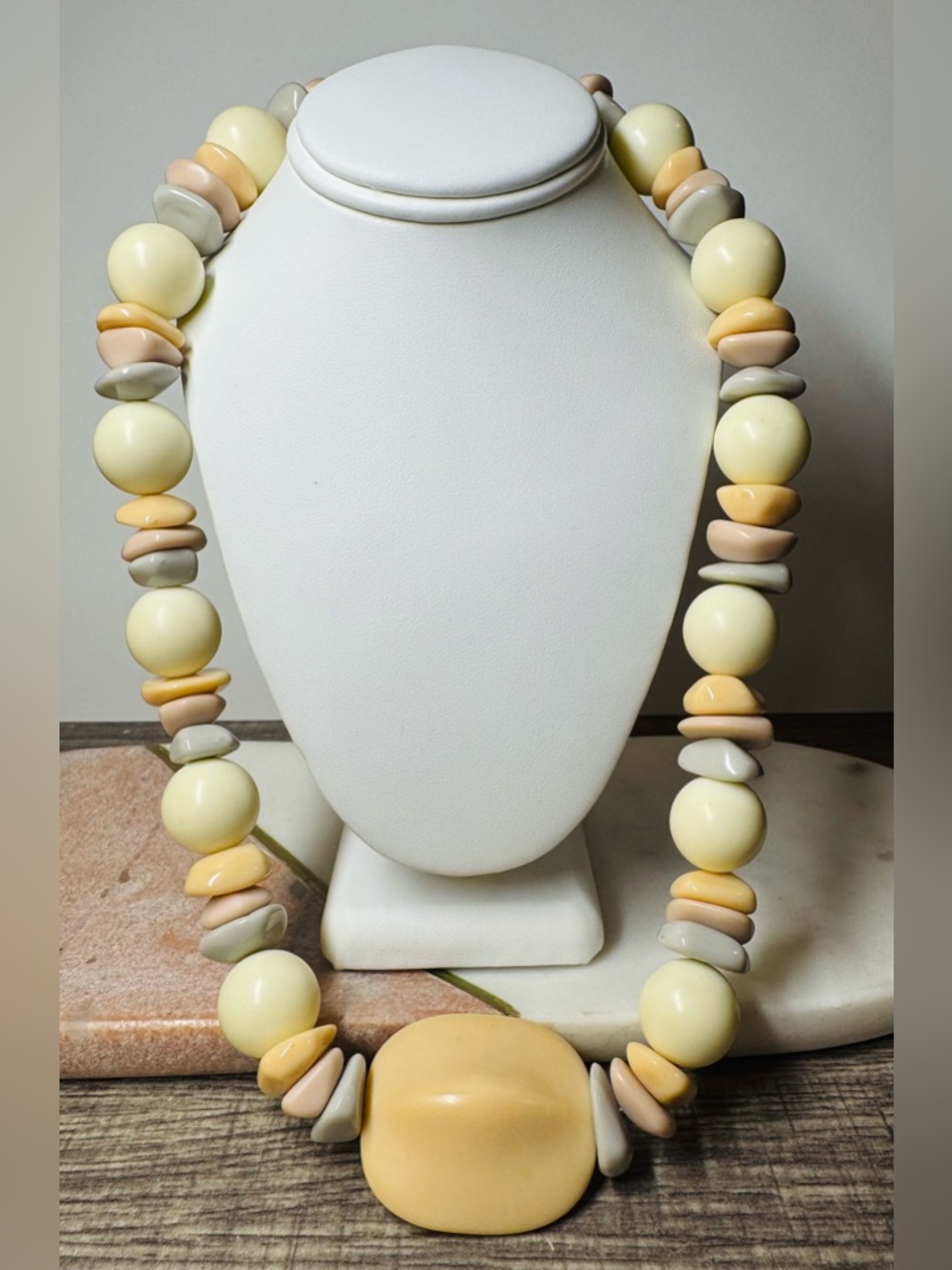 Vintage Pastel Chunky Bead Necklace Cream Peach Gray Statement Necklace